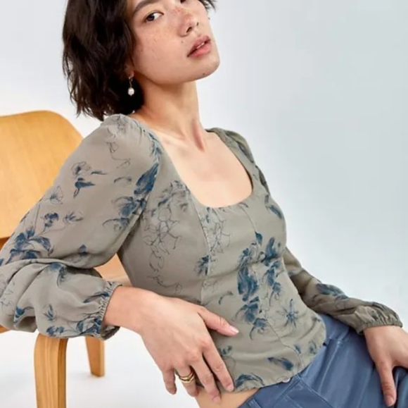 House of Harlow 1960 Long Mesh Sleeve Bustier Blouse Grey Blue Floral Size M - Picture 2 of 11